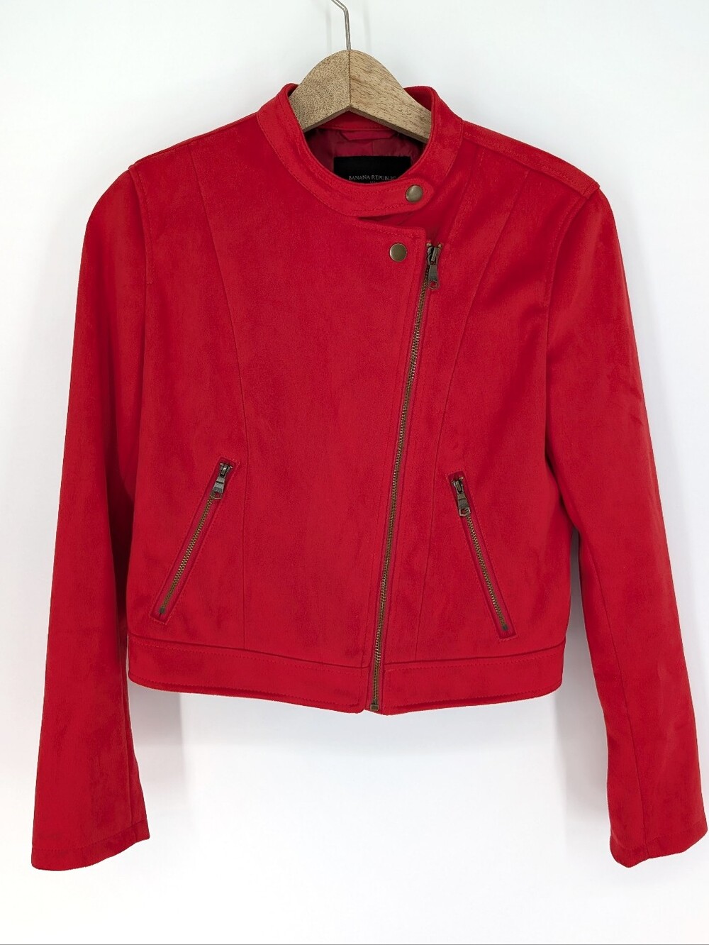 Banana Republic Banded Collar Vegan Suede Moto Jacket Red Small